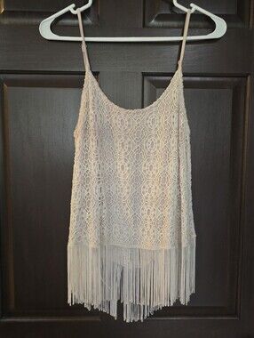 Hazel Lace Fringe Open Back Tank Top Cream Size M BOHO FESTIVAL CONCERTS